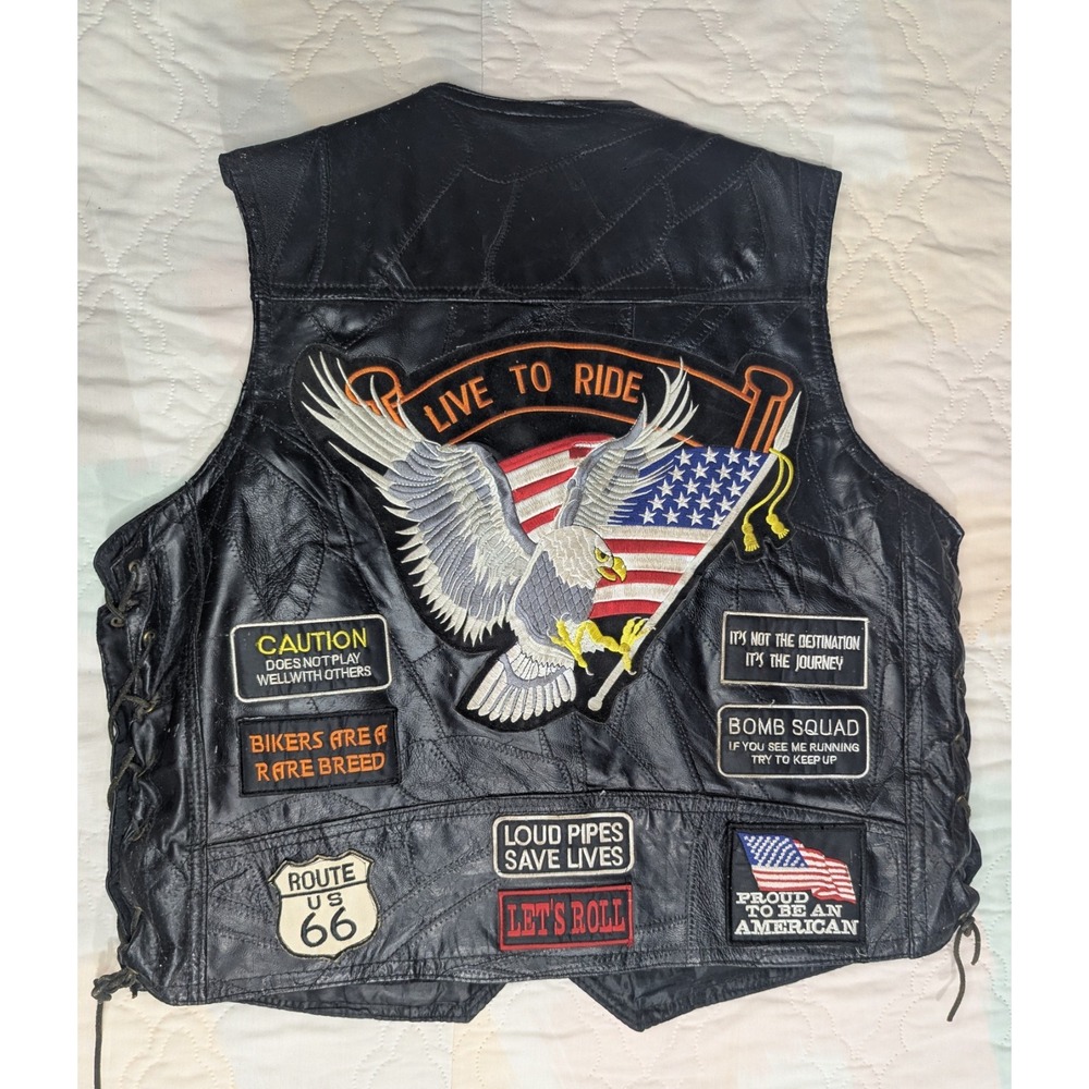 Diamond Plate Buffalo Leather Men's XL Biker Vest Motorcycle Eagle USA Patches